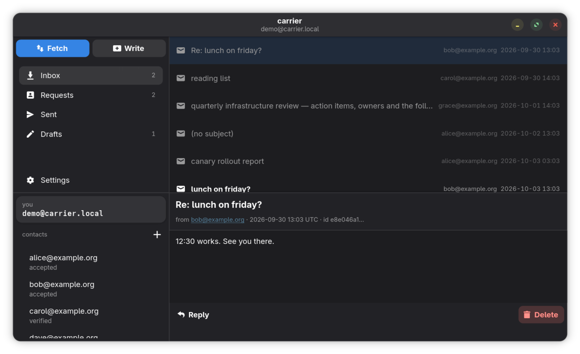 carrier showing an inbox and an open message