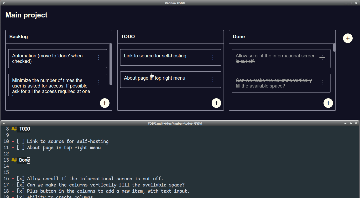 Screencast of TODO Kanban editing a TODO.md file