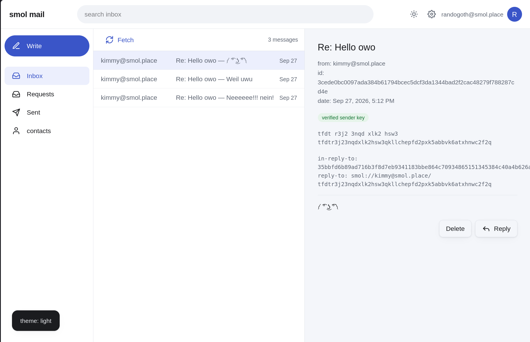 gsmol in a browser tab, light theme: a sidebar with Write, Inbox, Requests, Sent and contacts, three replies from kimmy@smol.place in the inbox, and the open one showing its message id, a green verified sender key badge and the sender's smol:// reply-to address