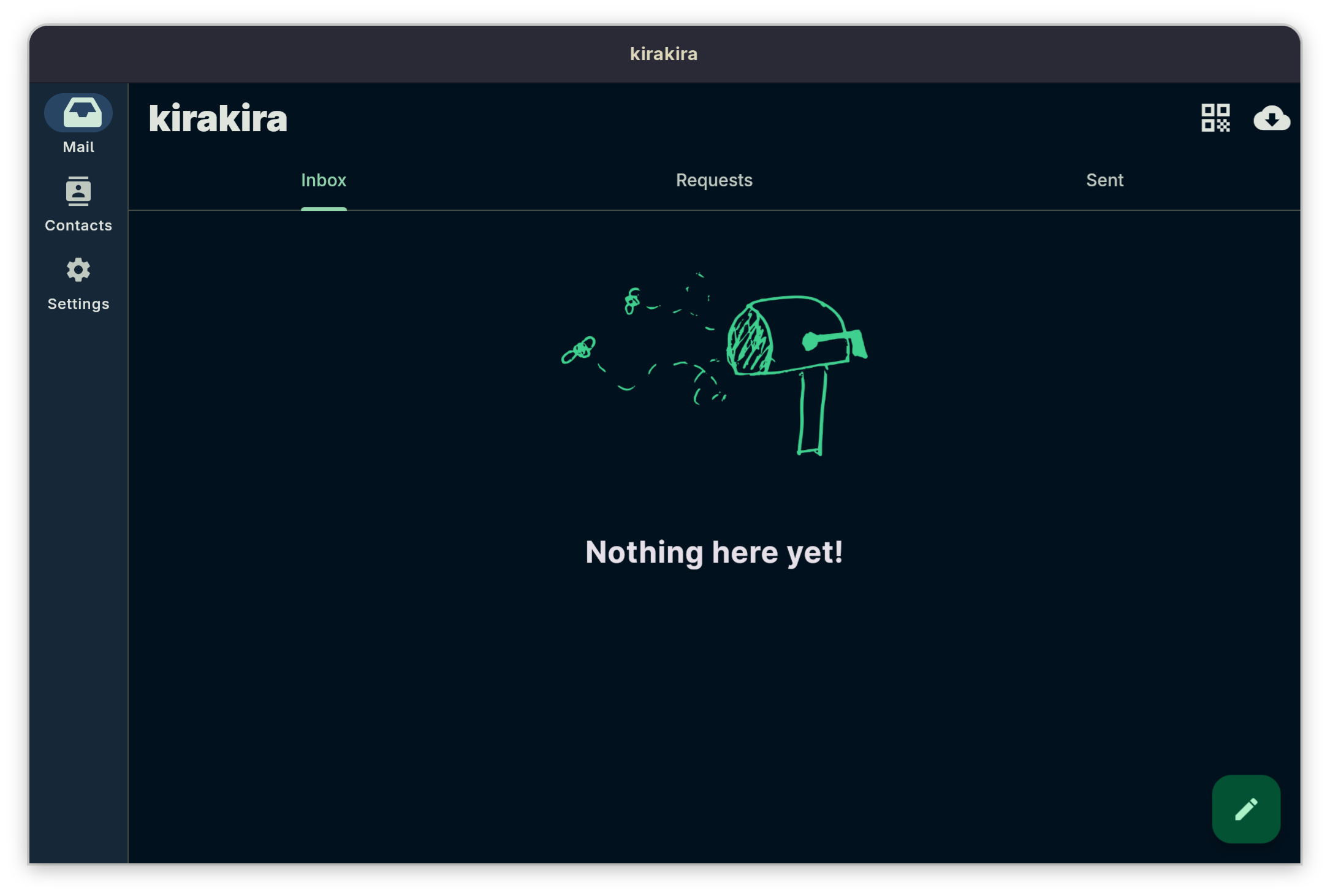kirakira running as a desktop window, dark theme: a rail with Mail, Contacts and Settings, Inbox, Requests and Sent tabs, QR code and backup icons in the corner, and an empty inbox with a hand-drawn green mailbox above "Nothing here yet!"